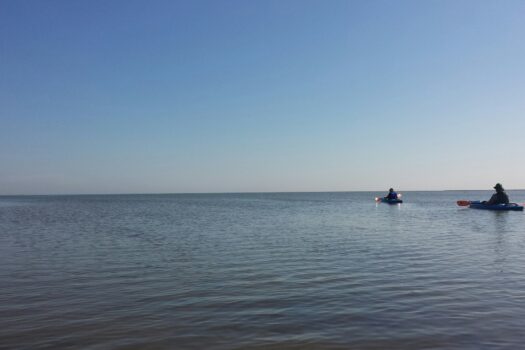 Two people in kayaks paddle on calm, open water under a clear blue sky. The horizon is visible in the distance, creating a peaceful and expansive scene.